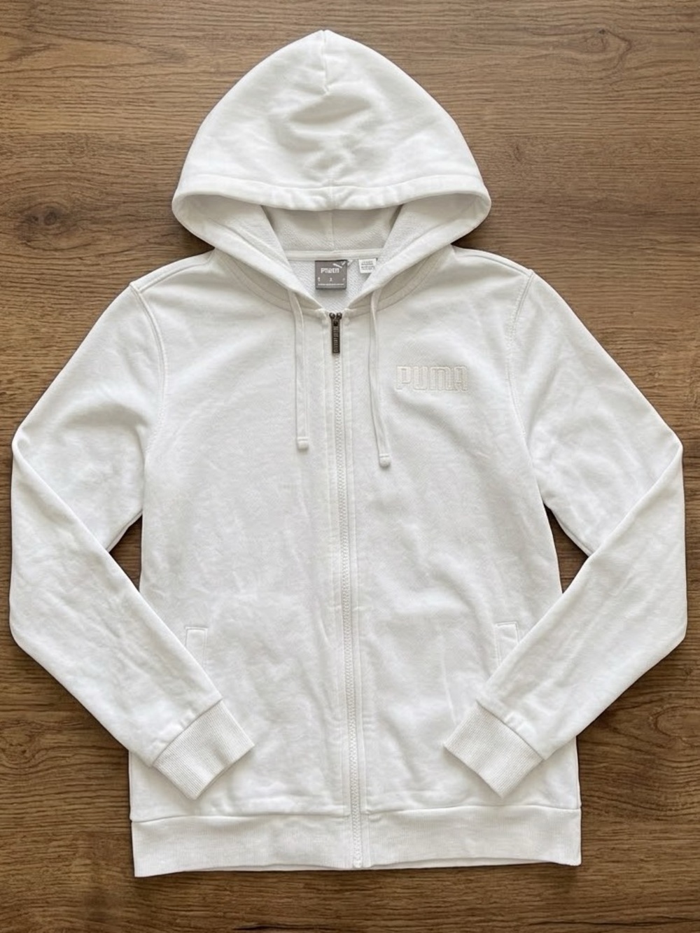 Puma White Full Zip Hoodie Sweatshirt Tonal Logo Women’s Medium Activewear